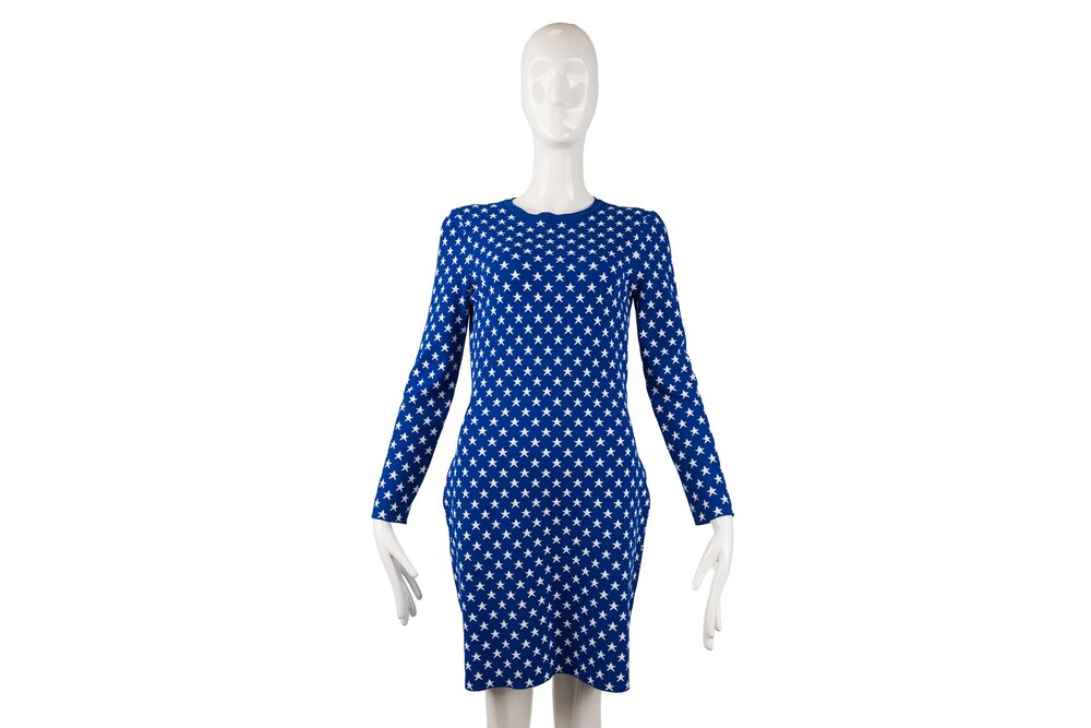 Givenchy Blue White Star Long Sleeve Dress Jacquard Knit Size S